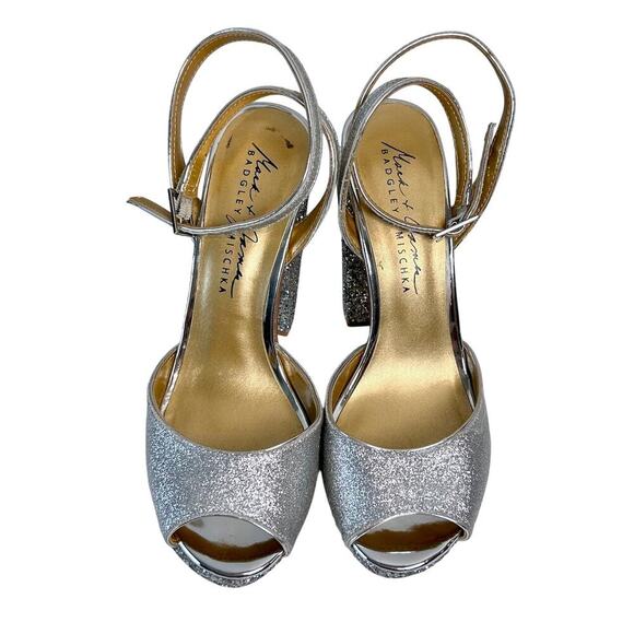 Badgley Mischka 7.5 Zale Open Toe Platform Block Heel Glitter Adjustable Buckle - Picture 7 of 9